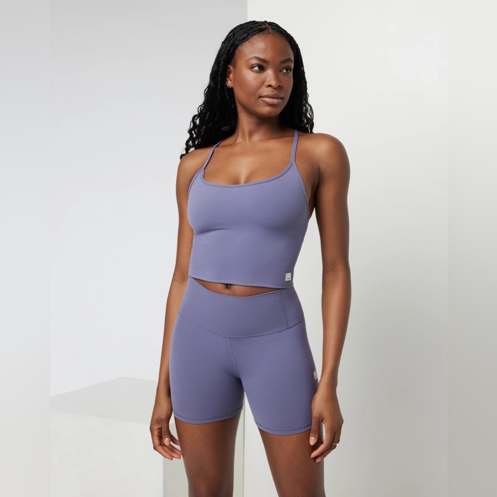 Vuori All the Feels tank and biker shorts, color Cosmic size S